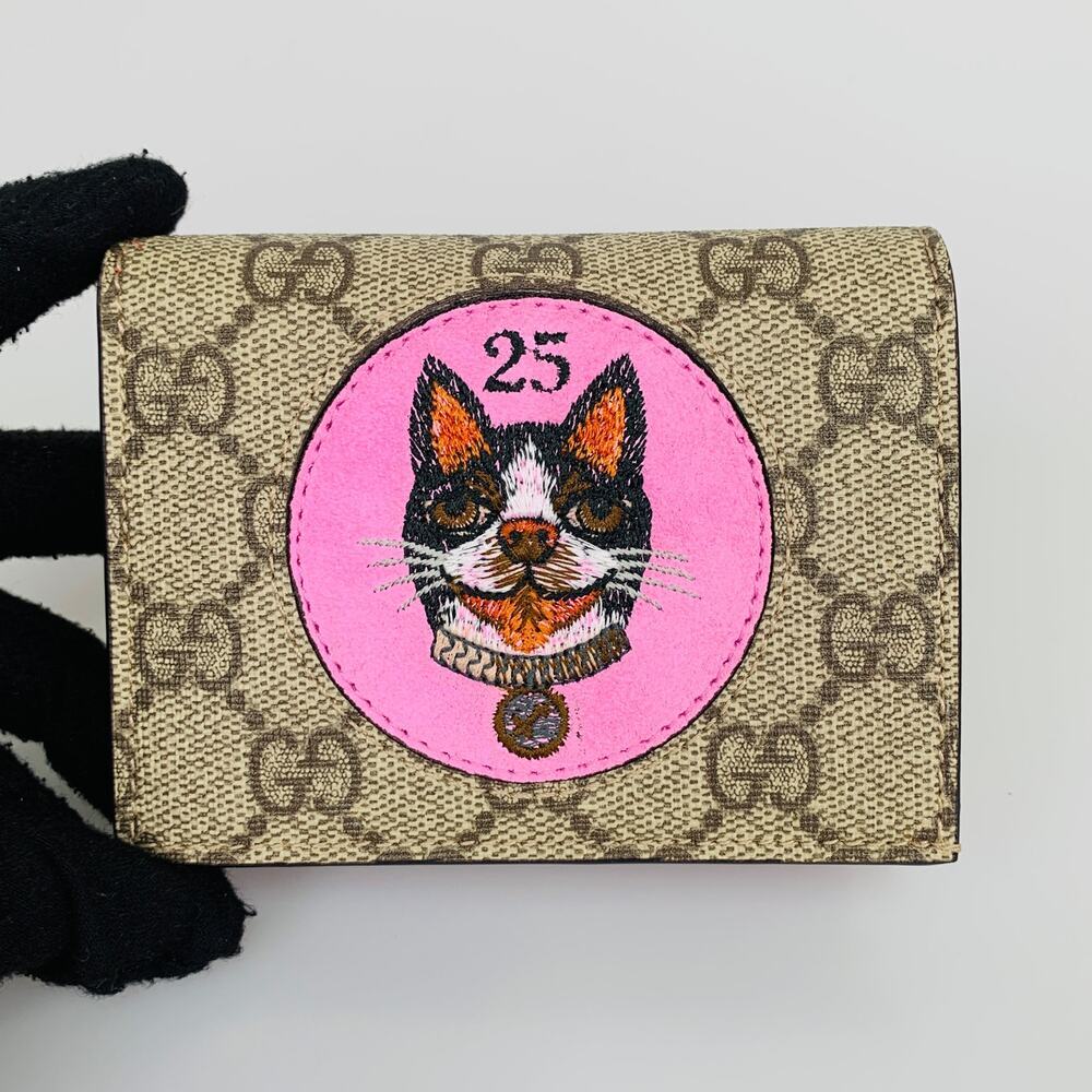 NIB Gucci GG Supreme Monogram Bosco Patch Card Case Wallet Beige Malva Hibiscus